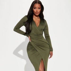 Long Sleeve Ruched Olive Green Midi Dress